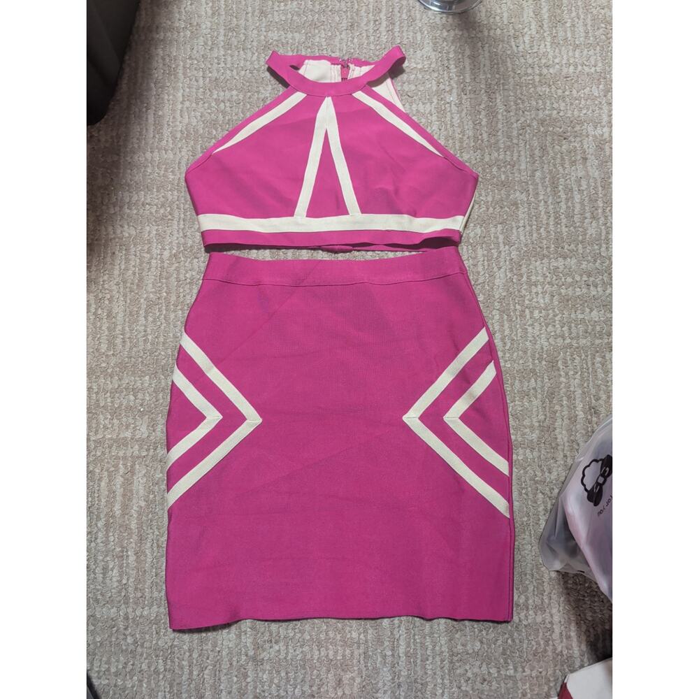 neon pink cutout halter crop top and high-waisted mini skirt set size M/L